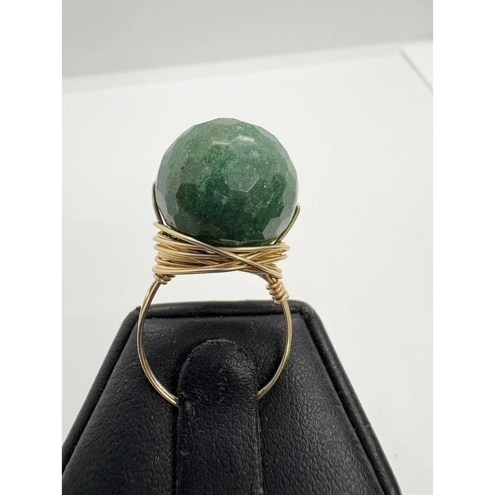 Gold-Filled Wire Wrapped Geodesic Faceted Green Aventurine Ring Size‎ 5.25 Boho